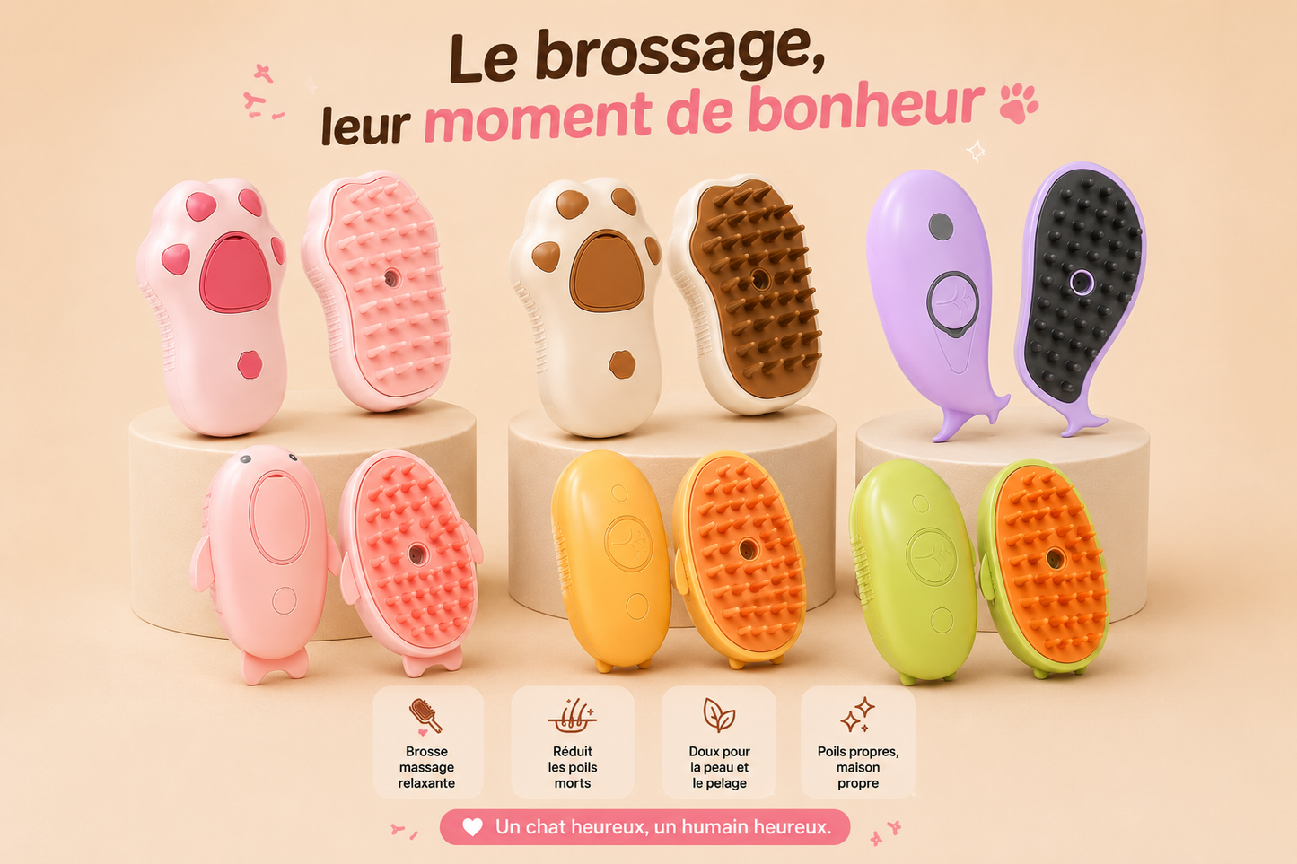 Brosse Vapeur — Massage & Toilettage 3 en 1